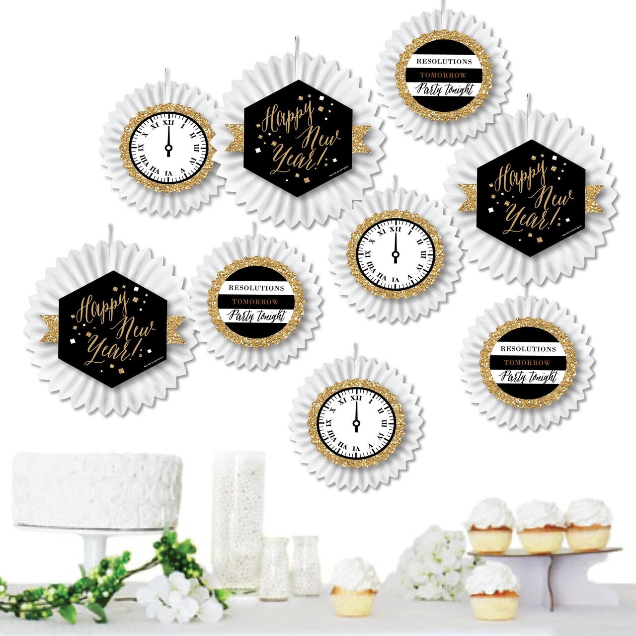 Big Dot of Happiness New Year's Eve - Gold - Hanging New Years Eve Party Tissue Decoration Kit - Paper Fans - Set of 9